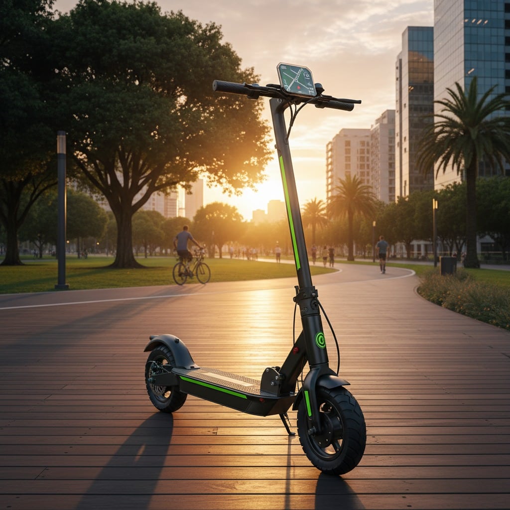 Un patinete eléctrico negro con detalles verdes está aparcado en un paseo de madera al atardecer, con un parque urbano de fondo.